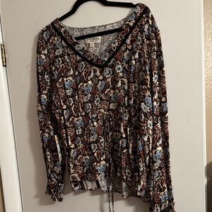 Idyllwind Women's V-Neck Floral Blouse - Blue and Brown